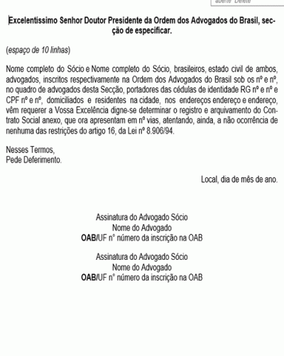 Modelo de Contrato Minuta de Requerimento para Registro e Arquivamento de Contrato Social de Sociedade de Advogados