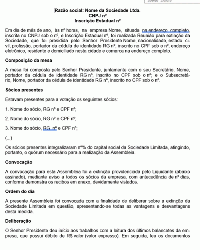 Modelo de Contrato Ata de Assembleia para Extinção de Sociedade Limitada