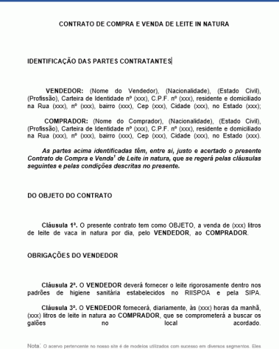 Modelo de Contrato de Compra e Venda de Leite In Natura