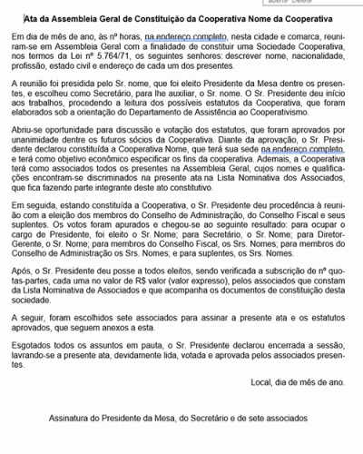 Contrato Padrão para Ata de Constituição de Sociedade Cooperativa