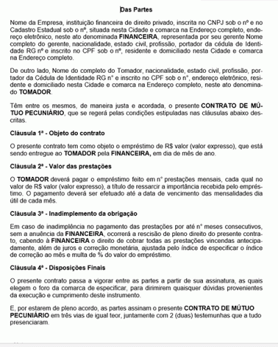 Modelo de Contrato Mútuo Pecuniário em Instituição Financeira