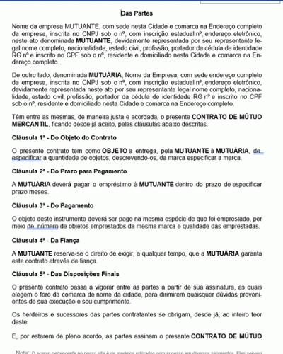 Modelo de Contrato Mútuo Mercantil