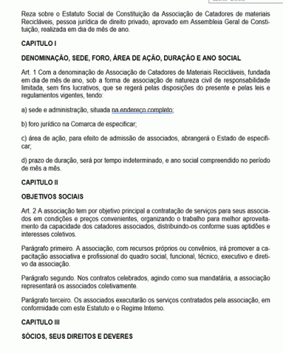 Modelo de Contrato Estatuto Social de Constituição de Associação de Catadores de Materiais Recicláveis