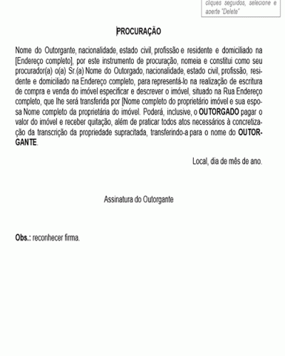 Modelo de Contrato Procuração para Aquisição de Imóvel