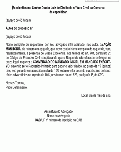 Modelo de Petição Execução na Ação Monitória quando não forem Opostos Embargos - Novo CPC Lei nº 13.105.2015