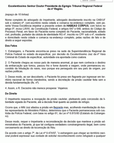 Modelo de Petição Habeas Corpus - Soltura de Estrangeiro Clandestino