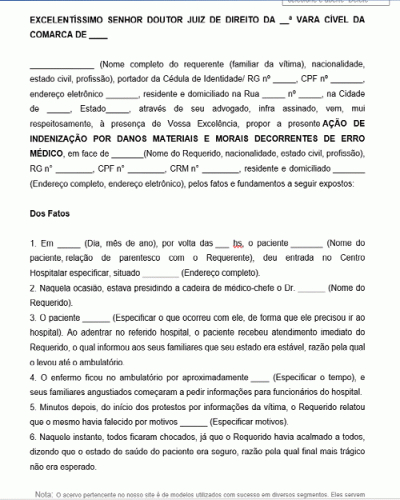 Modelo de Petição Ação de indenização pela morte da paciente Novo CPC Lei 13.105.2015