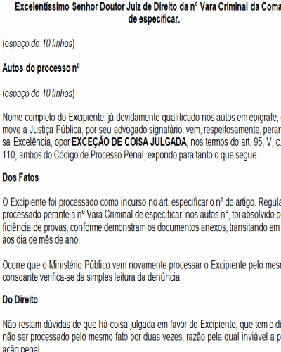 Modelo de Petição Exceção de Coisa Julgada - Extinção da Ação Penal