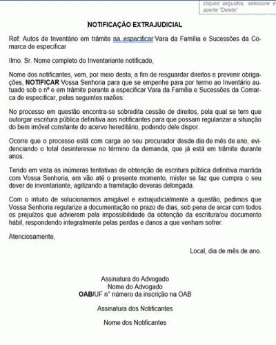 Modelo de Petição Notificação Extrajudicial ao Inventariante para que dê Termo ao Inventário