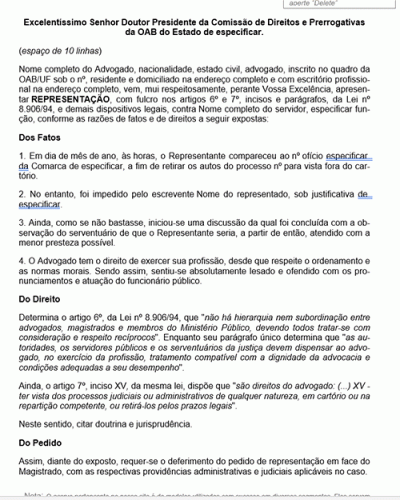 Modelo de Petição Requerimento de Representação ao Presidente da Comissão de Direitos e Prerrogativas da OAB