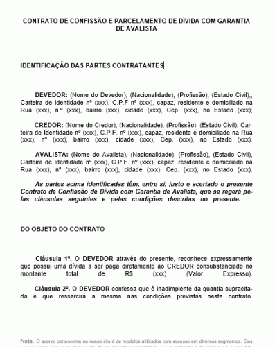 Modelo de Contrato de Confissão e Parcelamento de Dívida com Garantia de Avalista