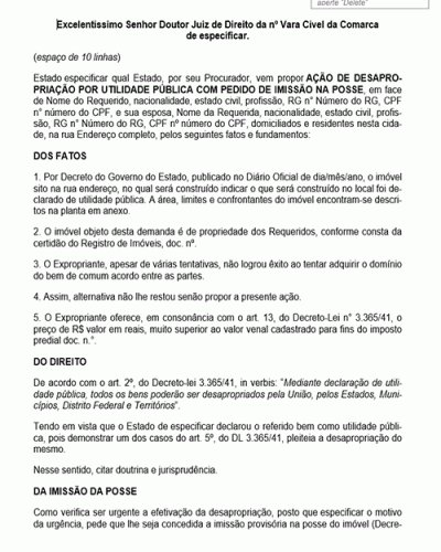 Modelo de Petição Desapropriação por Utilidade Pública com Pedido de Imissão na Posse