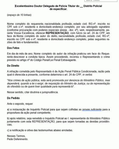 Modelo de Petição Representação - Modelo Genérico- Artigo 24 do CPP