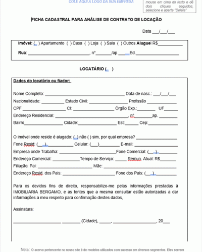 Modelo de Ficha Cadastral para Análise de Contrato de Locação 