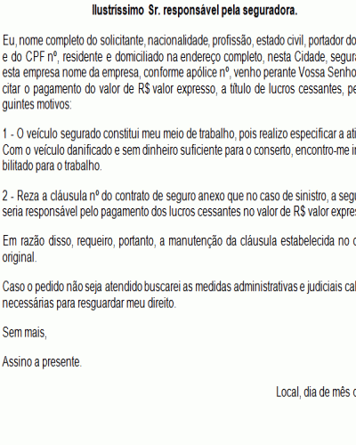 Modelo de Petição Carta de Solicitação de Pagamento de Lucro Cessante - Seguradora