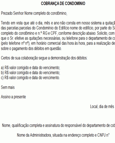 Modelo de Petição Carta de Cobrança de Condomínio