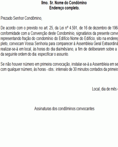 Modelo de Petição Carta de Convocação de Assembleia por Condôminos