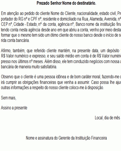 Modelo de Petição Carta de Referência Bancária