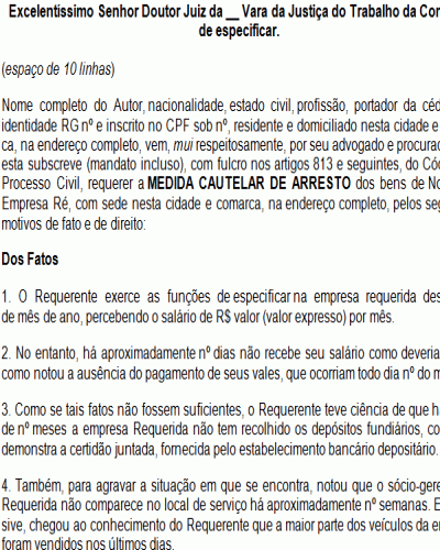 Modelo de Petição Arresto - Processo do Trabalho