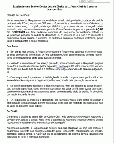 Modelo de Petição Cobrança - Serviço de Assistência Técnica - Novo CPC Lei nº 13.105.2015