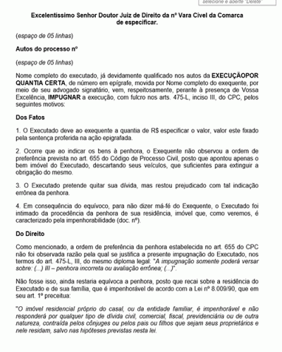 Modelo de Petição Impugnação à Execução por Quantia Certa