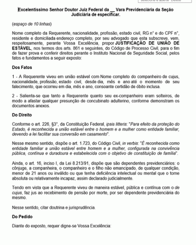 Modelo de Petição Justificação de União Estável para Recebimento de Pensão Previdenciária