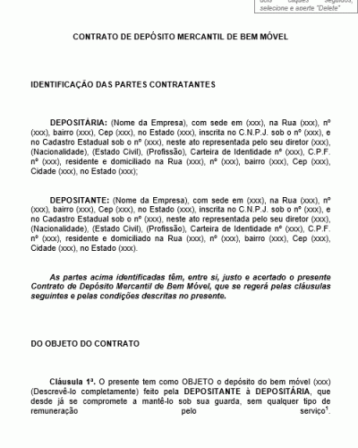 Modelo de Contrato de Depósito Mercantil de Bem Móvel