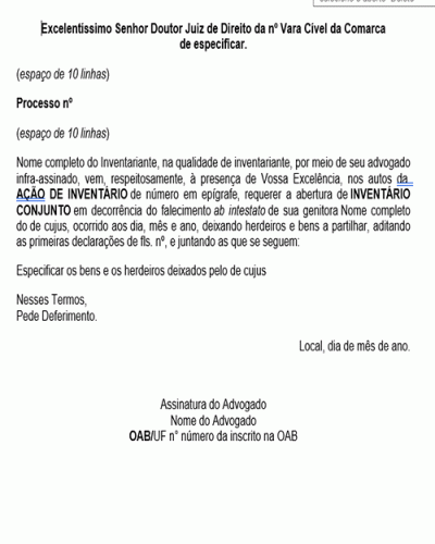 Modelo de Petição Inventário Conjunto - Aditamento das Primeiras Declarações