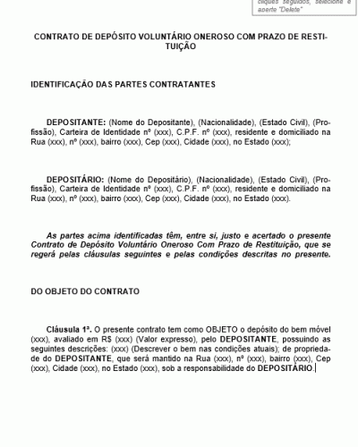 Modelo de Contrato de Depósito Voluntário Oneroso com Prazo de Restituição