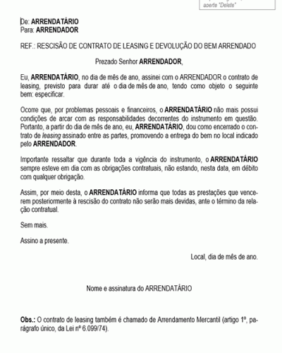 Modelo de Contrato Carta de Rescisão de Contrato de Leasing e Devolução do Bem Arrendado