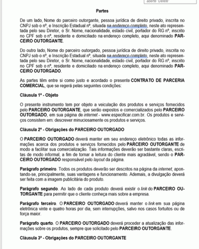 Modelo De Contrato Parceria Comercial E Commerce