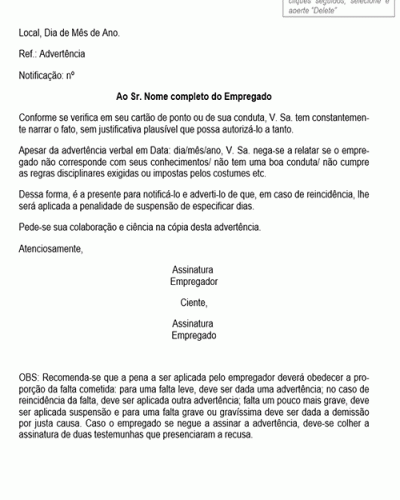 Modelo de Contrato Carta de Advertência por Atraso de Empregado