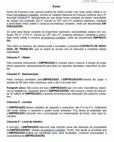 Modelo de Contrato Individual de Trabalho - Engenheiro Agrônomo