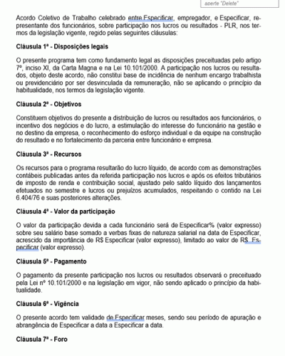 Modelo de Contrato Acordo Coletivo de Participação nos Lucros