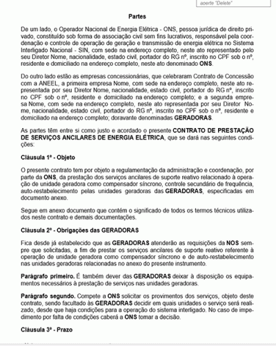 Modelo de Contrato Prestação de Serviços Ancilares de Energia Elétrica