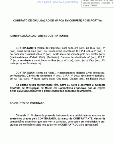 Modelo de Contrato de Divulgação de Marca em Competição Esportiva