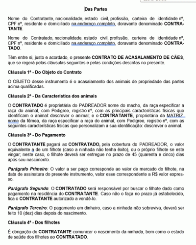 Modelo de Contrato Acasalamento de Cães - Proprietários Pessoas Físicas