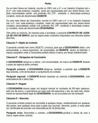 Modelo de Contrato Licença de Uso de Marca