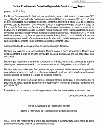 Referência Para Um Contrato Termo De Responsabilidade Técnica Modelo