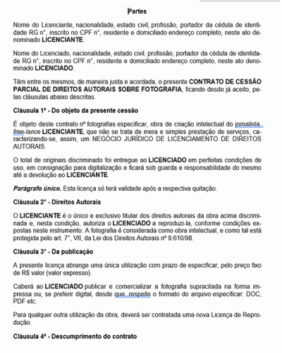 Modelo de Contrato Cessão Parcial de Direitos Autorais sobre Fotografia