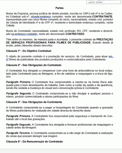 Modelo de Contrato Prestação de Serviços Profissionais para Filmes de Publicidade