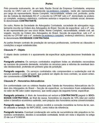 Modelo de Contrato Honorários Estipulados com Sociedade de Advogados - Cláusula ad Exitum