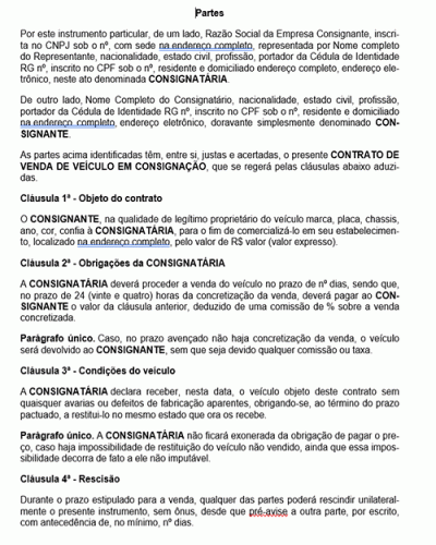 Modelo De Contrato Venda De Veículo Em Consignação 