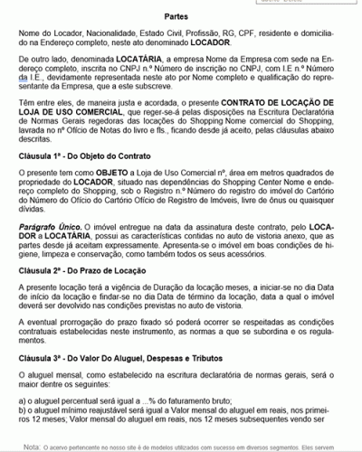 Modelo de Contrato Locação Atípica - Loja de Shopping Center