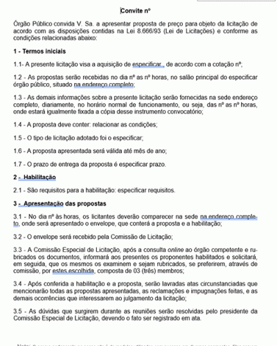 Modelo de Contrato de Convite para Licitação