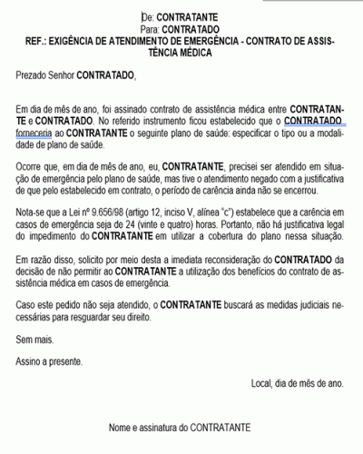 Modelo de Contrato Carta Exigindo Atendimento de Emergência