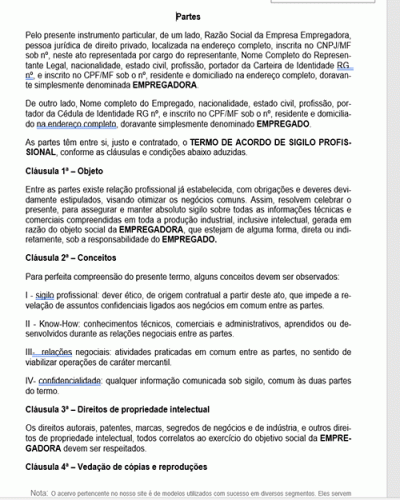 Modelo de Contrato Termo de Acordo - Sigilo Profissional