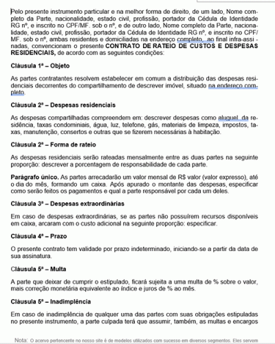 Modelo de Contrato Rateio de Custos - Despesas Residenciais