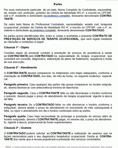 Modelo de Contrato Prestação de Serviços de Terapia Ocupacional