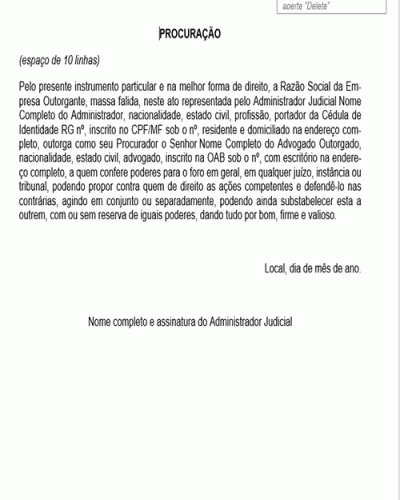 Modelo de Contrato Procuração pela Massa Falida